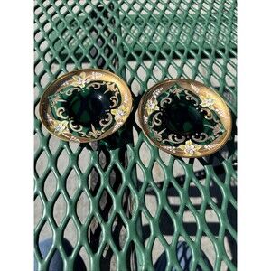 Vintage Salviati & Co Pair Green Glass Blown Candle Holders Hand painted